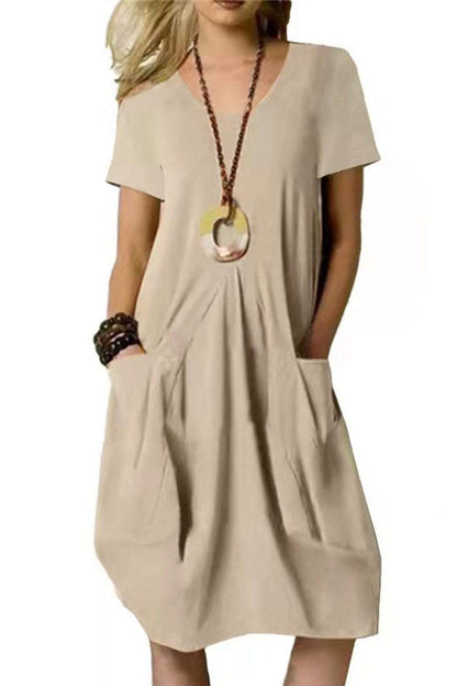 Cotton and Linen Solid Color Loose Short-sleeved Dress Dress