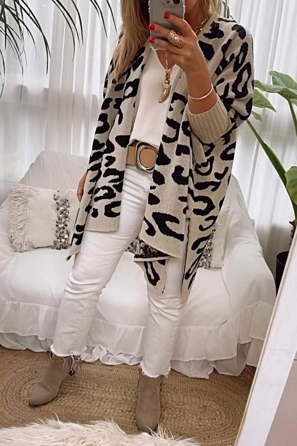 Women's Leopard Print Sweater Knitted Cardigan Cardigan Top