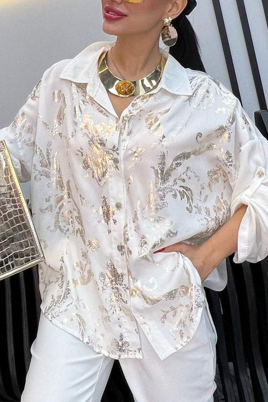 Women's Lapel Mid-length Sleeve Gold-stamped Casual Shirt Shirts & Blouse tops