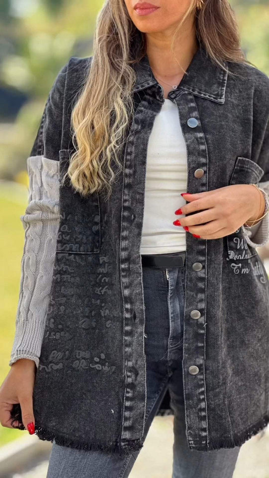 Denim Paneled Knit Hooded Jacket Jacket