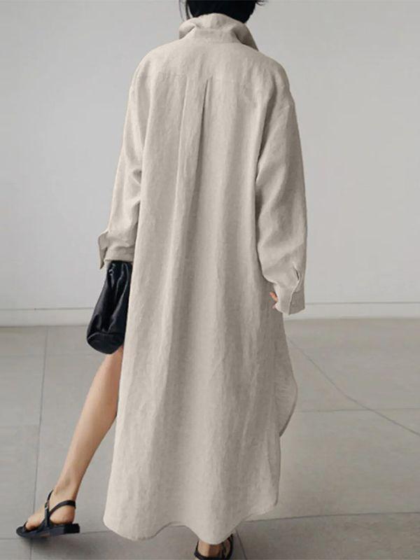 Women's Solid Color Long Sleeve Cardigan Irregular Split Dress Cotton and linen Dress Shirtdress