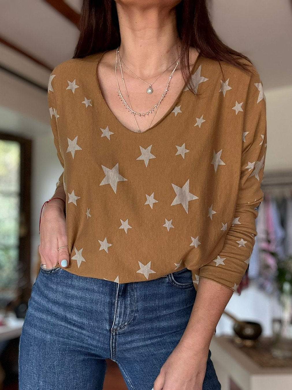 Women's Casual Star Print Round Neck Long Sleeve Top Top