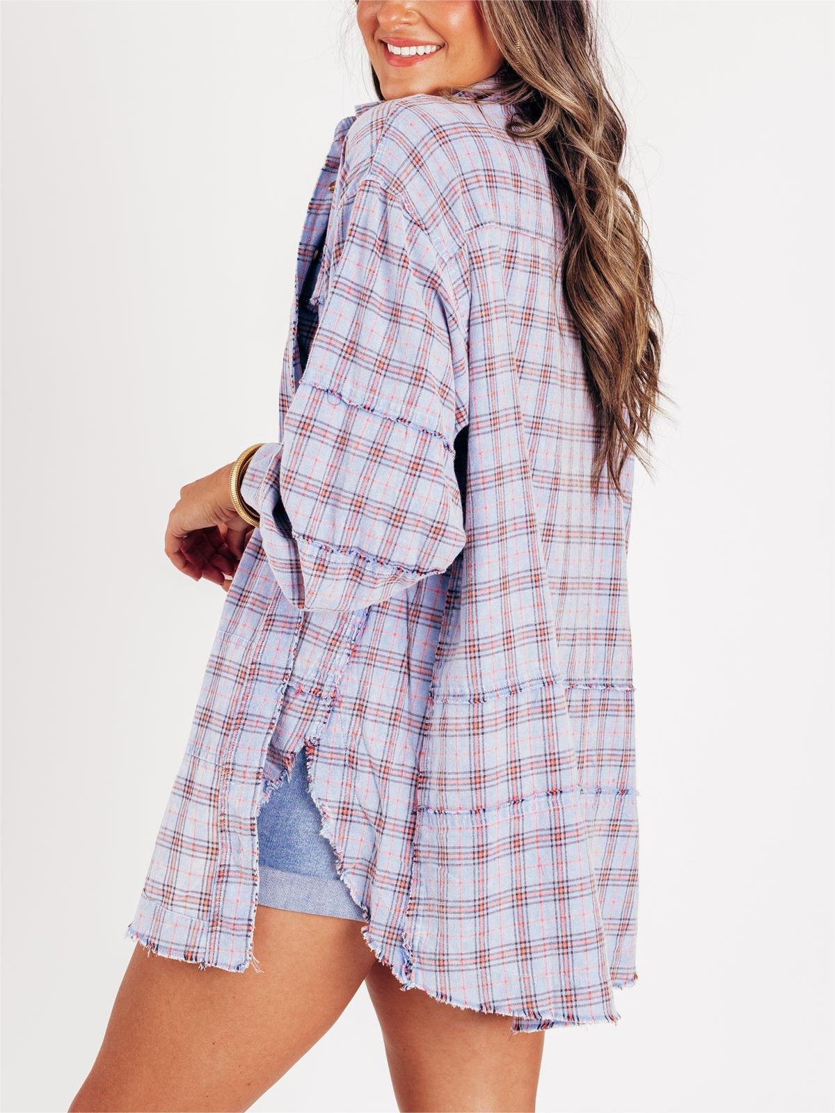 Women's Lapel Long Sleeve Plaid Shirt tops