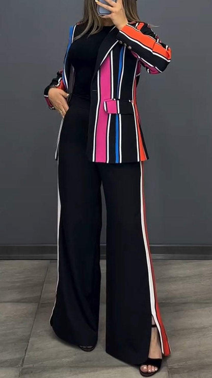 Women's Lapel Long Sleeve Contrast Striped Casual Suit Suit