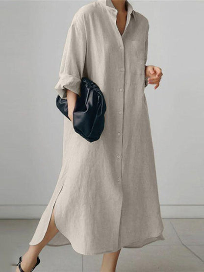 Women's Solid Color Long Sleeve Cardigan Irregular Split Dress Cotton and linen Dress Shirtdress