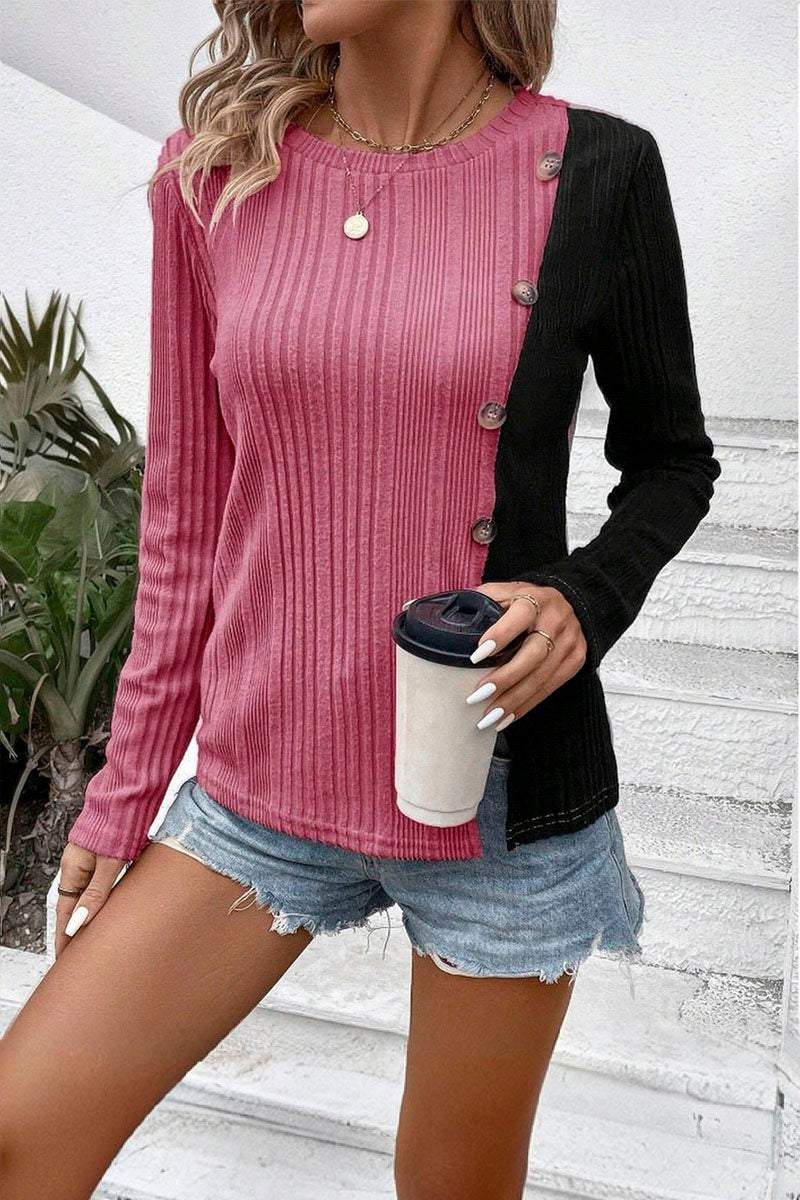 Women's Patchwork Contrasting Pitted Knit Top T-shirts Top