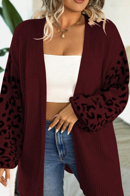 Women's casual sleeve leopard print patchwork knitted cardigan