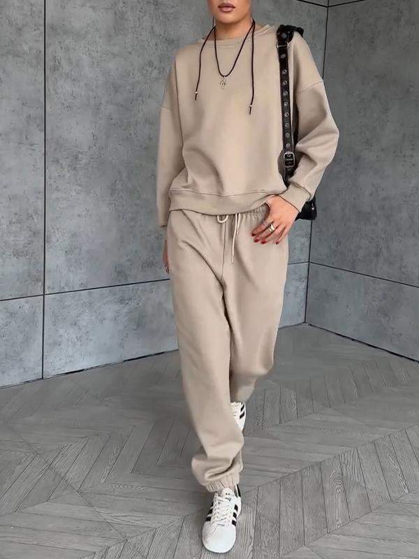 Women's Round Neck Solid Color Long Sleeve Sports Two-piece Suit Cotton Suit Two-piece Suit