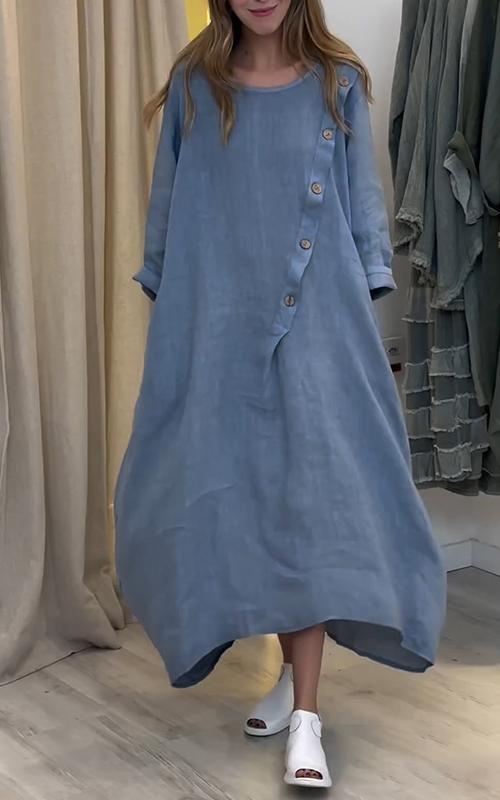 Women's Casual Round Neck Solid Color Cotton and Linen Dress Cotton and Linen Dress