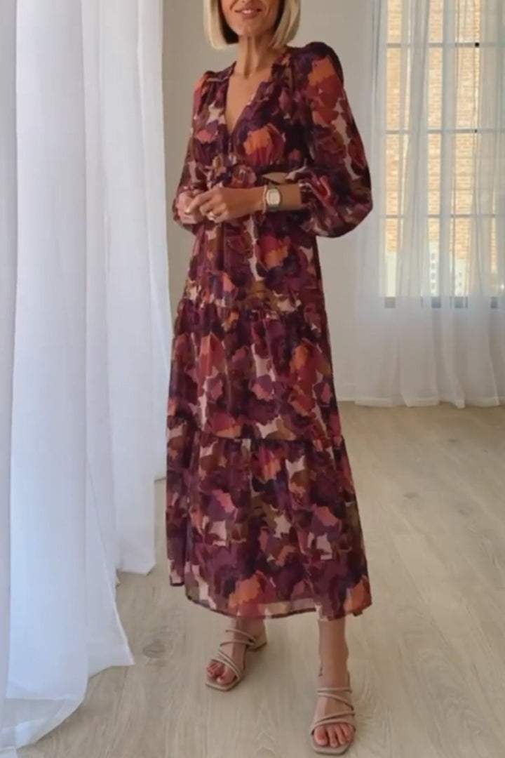 Women's Floral V-neck Long-sleeved Dress Dress Midi dress