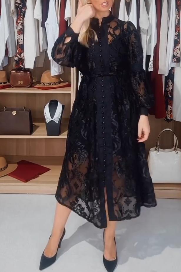 Ladies Casual Elegant Lace Open Button Dress Dress smidi dress