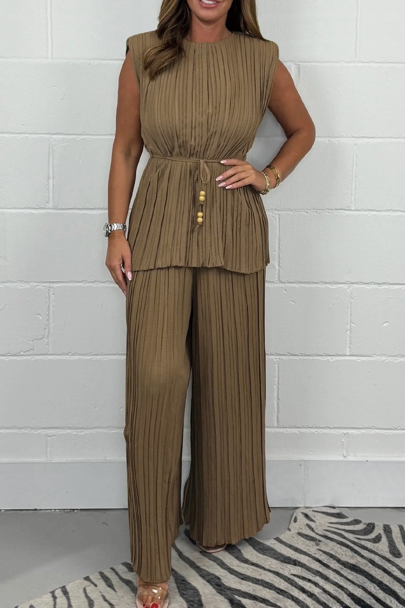 Women's Pleated Beaded Tie Waist Top & Trouser Co-Ord Suits Two-piece set