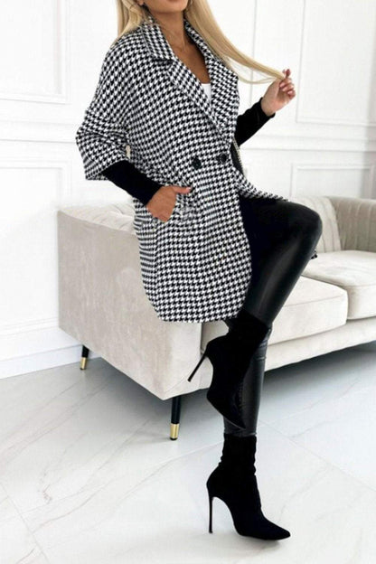 Women's Houndstooth Sleeves Knitted Patchwork Lapel Jacket Coats skirts Top