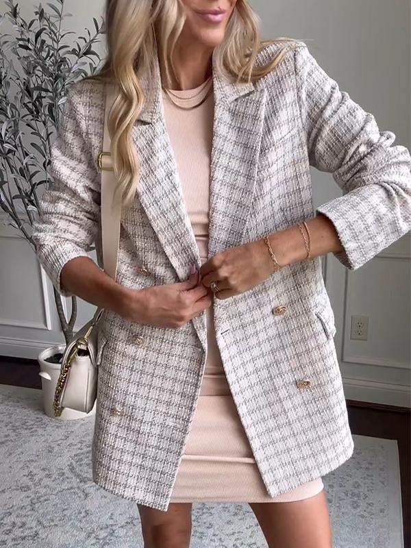 Women's Casual Lapel Single-breasted Plaid Suit Jacket Cotton Jacket