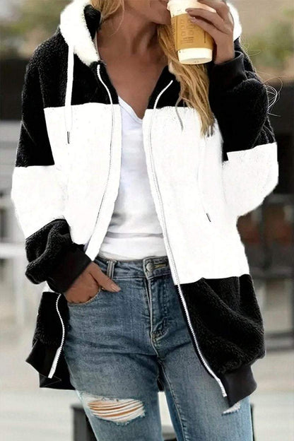 Women's Casual Plush Patchwork Contrast Color Hooded Jacket