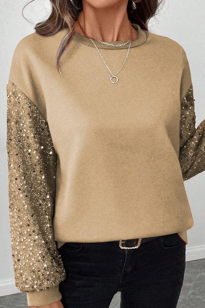 Ladies Casual Sleeve Sequin Patchwork Sweatshirt sweatshirts Top