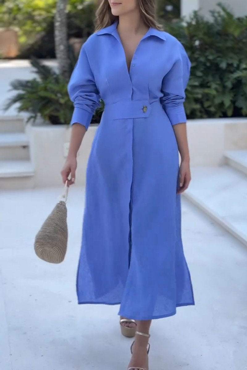 Women's Lapel Long Sleeve Casual Cotton and Linen Dress dress Maxi Dress