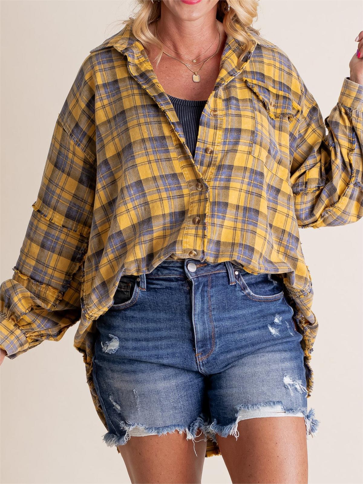 Women's Lapel Long Sleeve Plaid Shirt tops