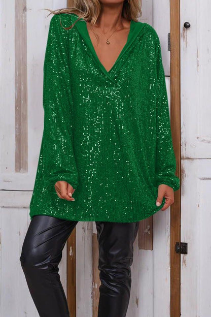 Women's Casual Solid Color V-neck Sequined Hooded Top T-shirts Top