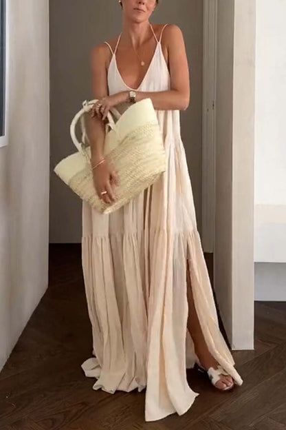 Women's casual solid color pleated beach strap maxi dress Dress