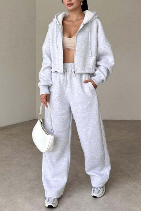 Women's casual sports zipper hooded sweatshirt jacket and wide-leg pants set