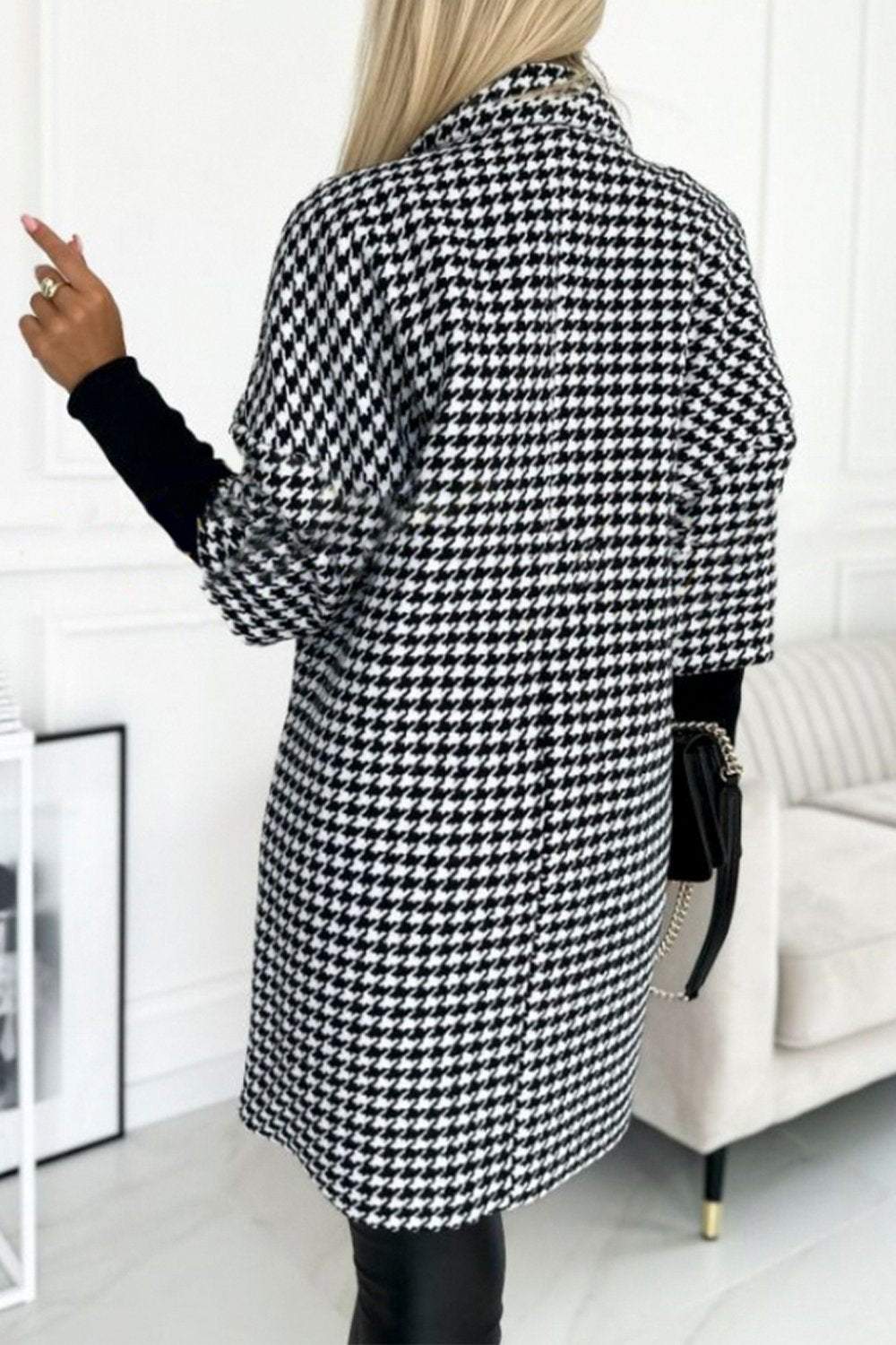 Women's Houndstooth Sleeves Knitted Patchwork Lapel Jacket Coats skirts Top