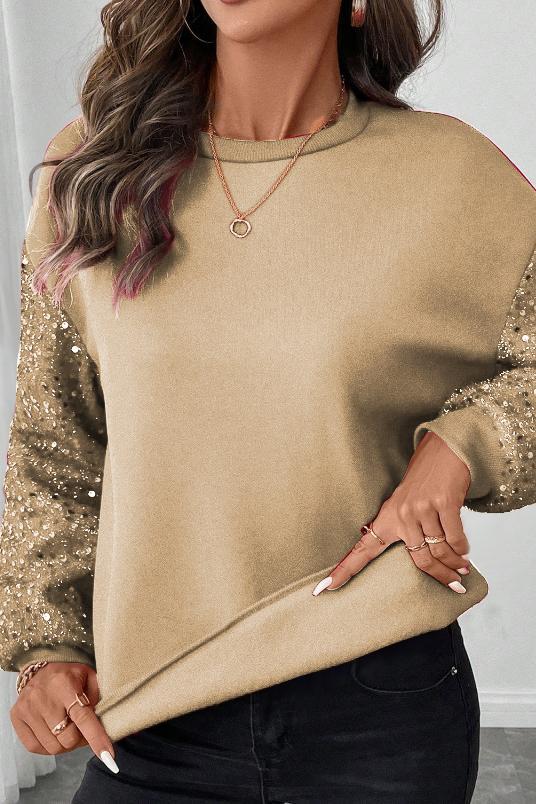 Ladies Casual Sleeve Sequin Patchwork Sweatshirt sweatshirts Top