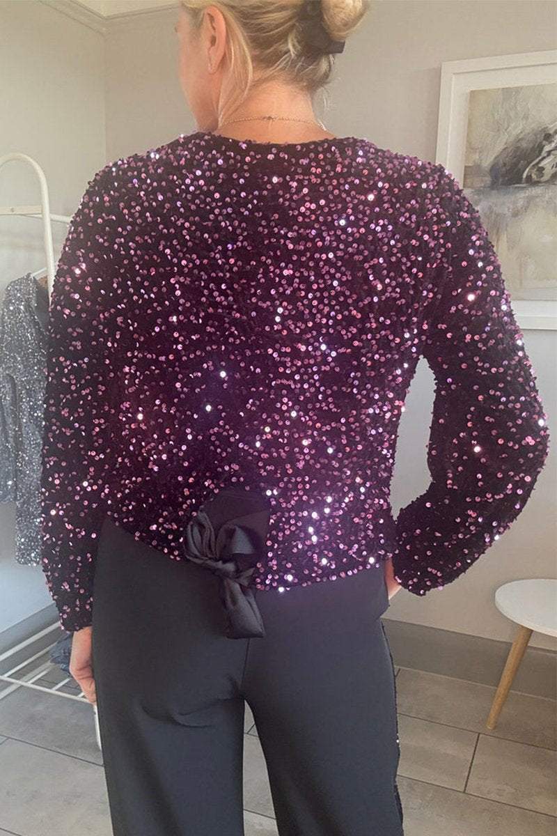 Women's Round Neck Long Sleeve Sequined Party Top Shirts & Blouse Top