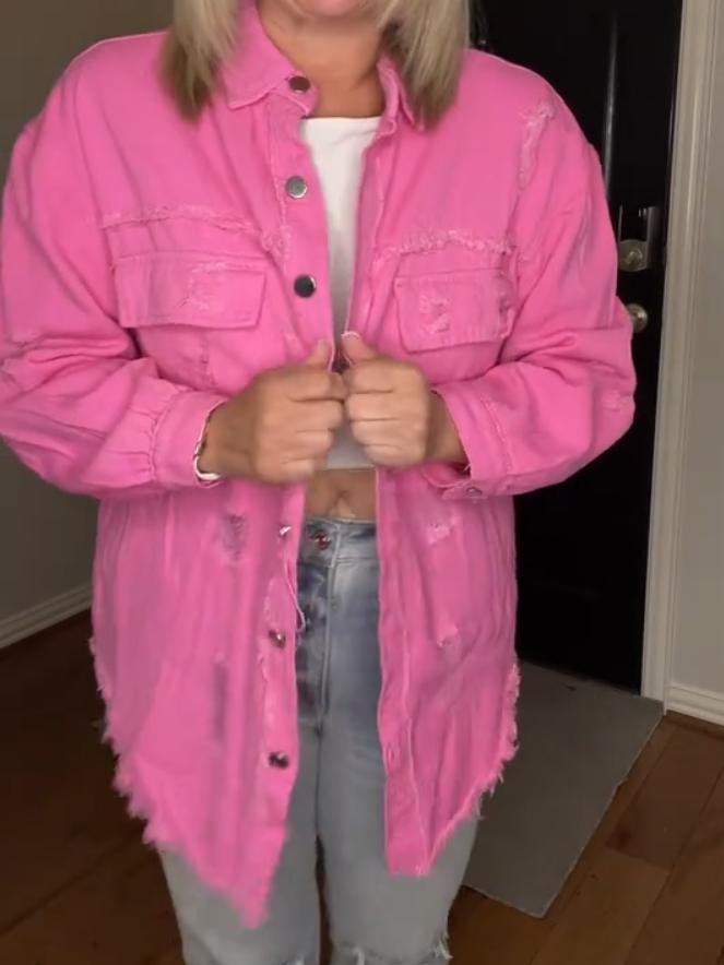 Women's Pink Base Breasted Ripped Shirt Jacket tops