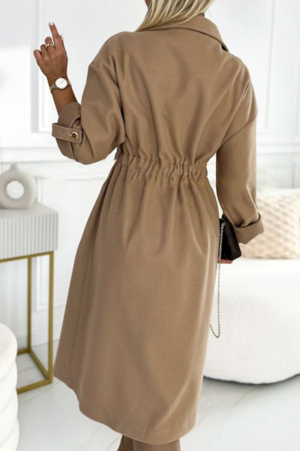 Women's Solid Color Large Lapel Waist Long Coat Coats skirts Top