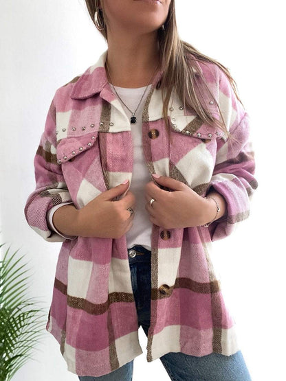 Women's Casual Beaded Plaid Jacket Jacket