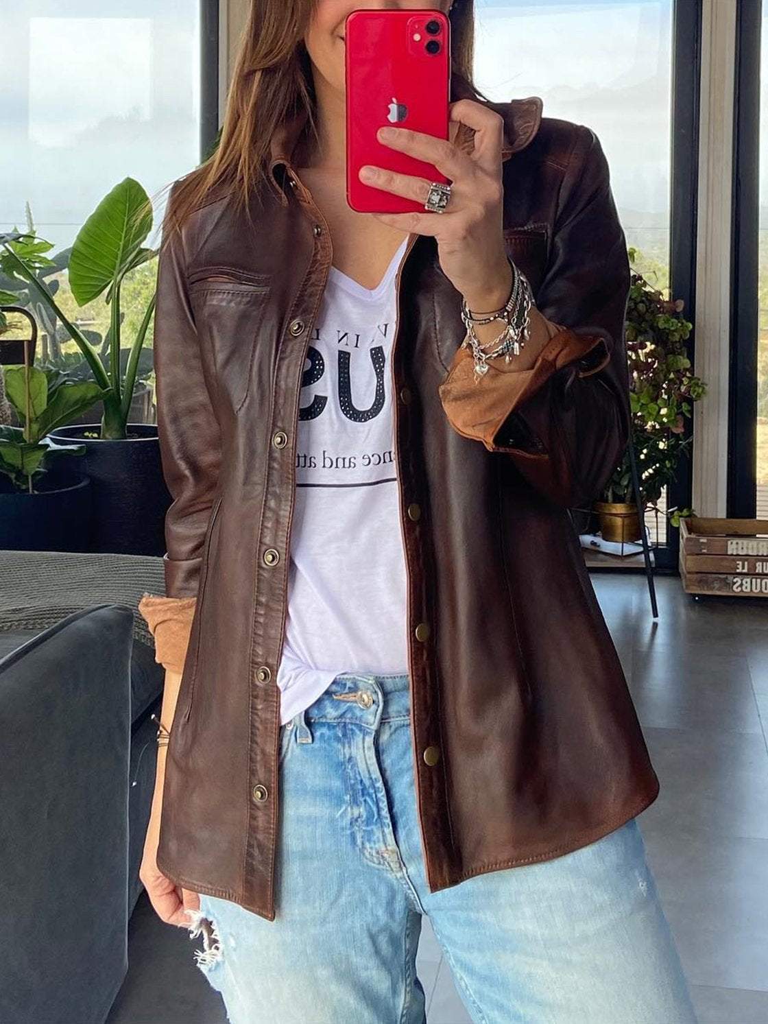 Women's Casual Pocket Leather Jacket Jackets