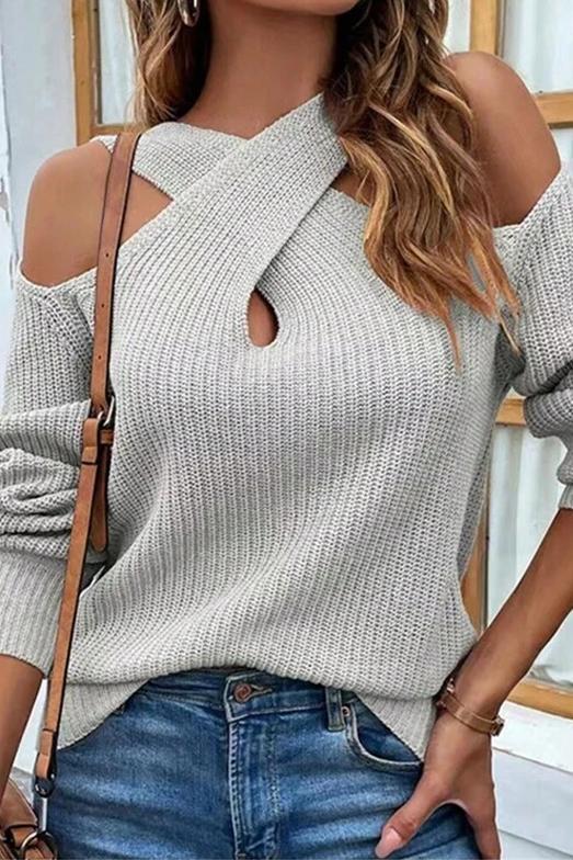 Women's solid color cross collar sweater sweaters Top