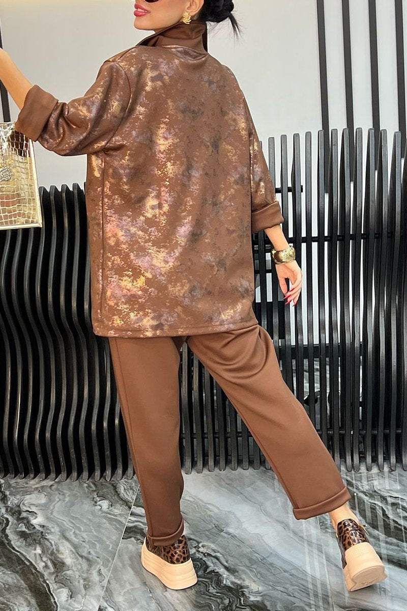 Women's Lapel Long-sleeved Gold-stamped Casual Suit Sets Two piece sets