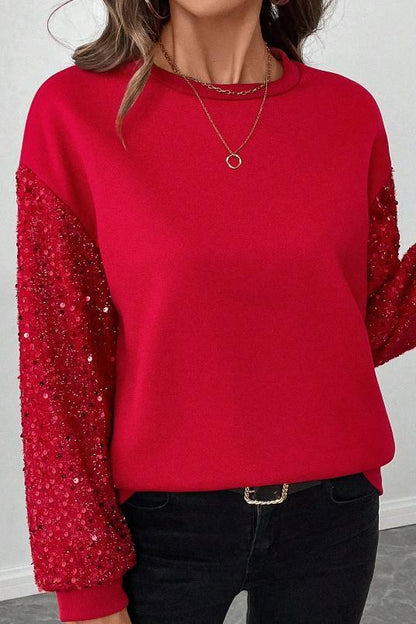 Ladies Casual Sleeve Sequin Patchwork Sweatshirt sweatshirts Top