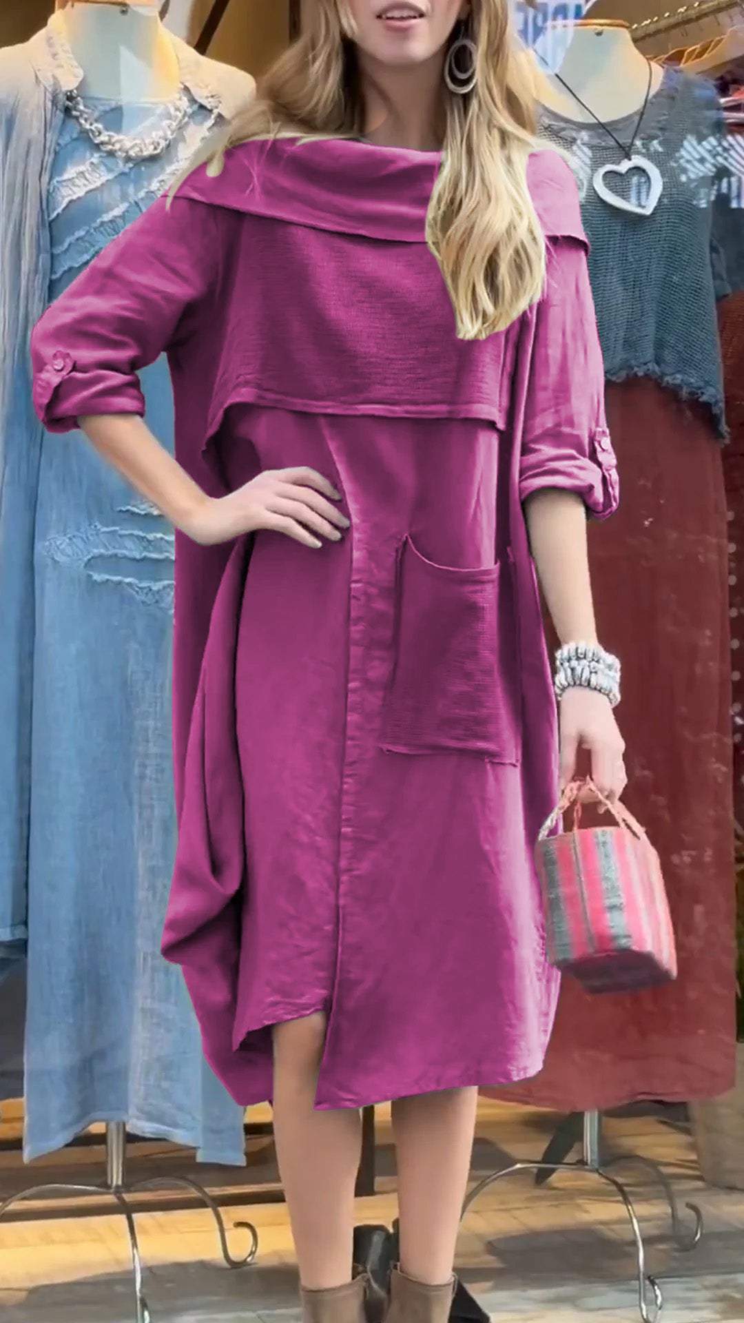 Women's Cotton and Linen Dress with Hem Collar and Mid-length Sleeves dress