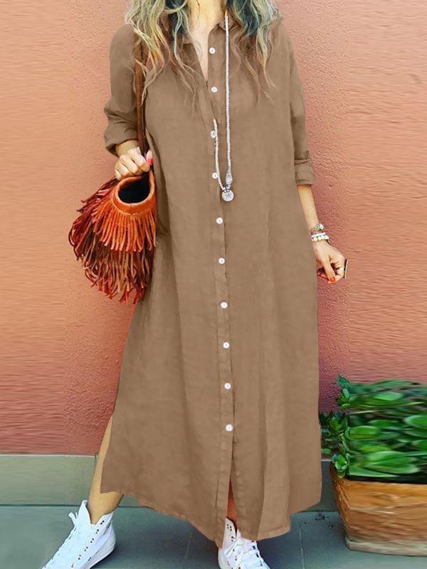 Women's Lapel Long-sleeved Cardigan Cotton and linen Dress Cotton and linen Dress