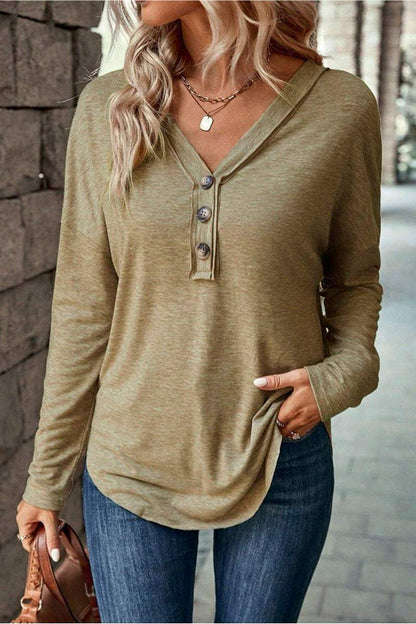 Women's Casual V Tie Button Long Sleeve Top