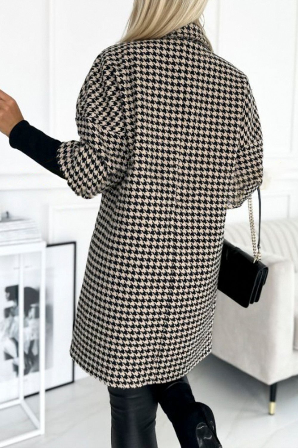 Women's Houndstooth Sleeves Knitted Patchwork Lapel Jacket Coats skirts Top