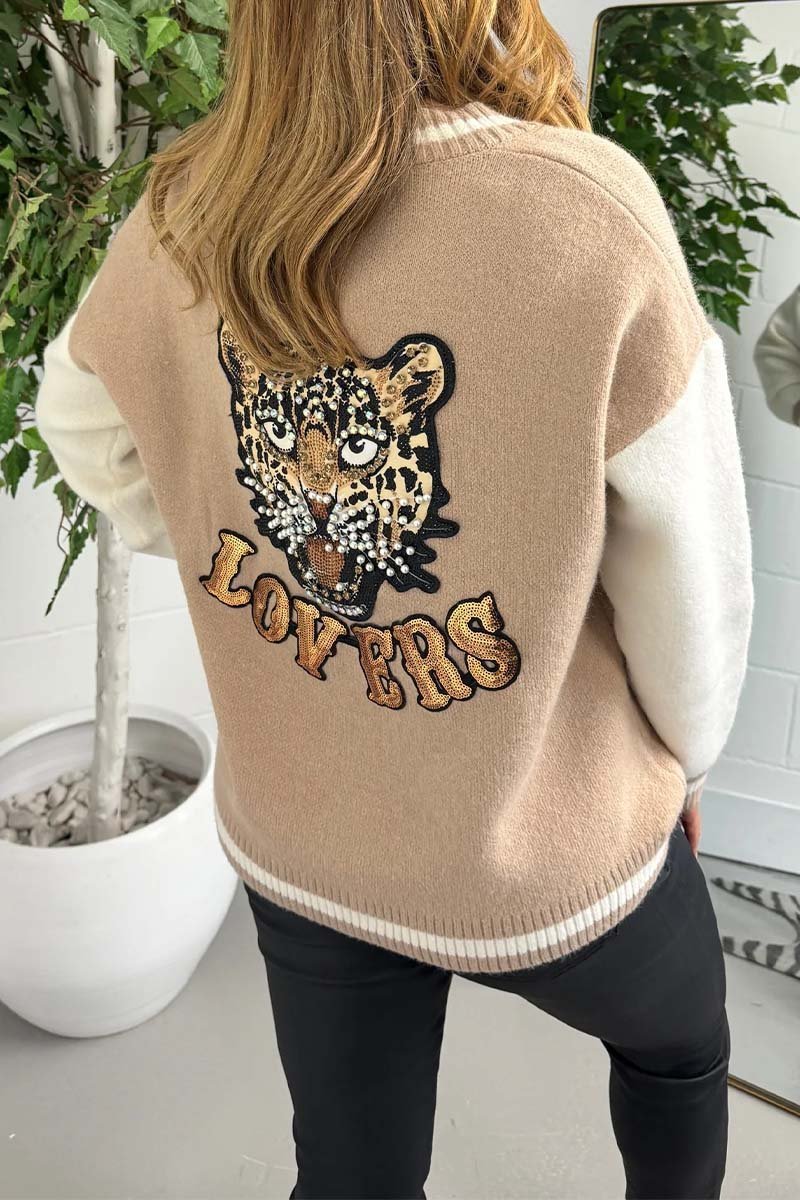 Women's Camel & Cream Baseball Style Cardigan With Sequin Cheetah Detail Sweaters Tops