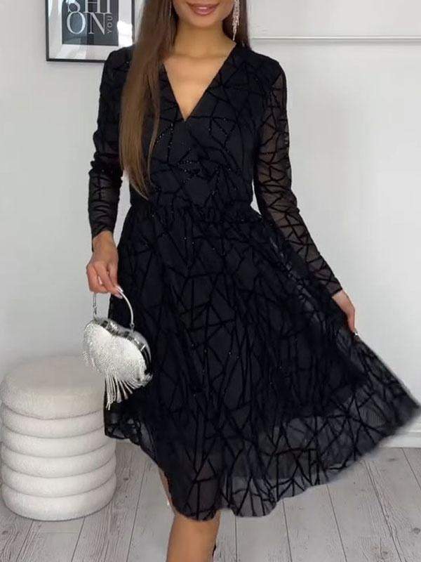 Women's V-neck Tulle Patchwork Dress Dress Midi Dress