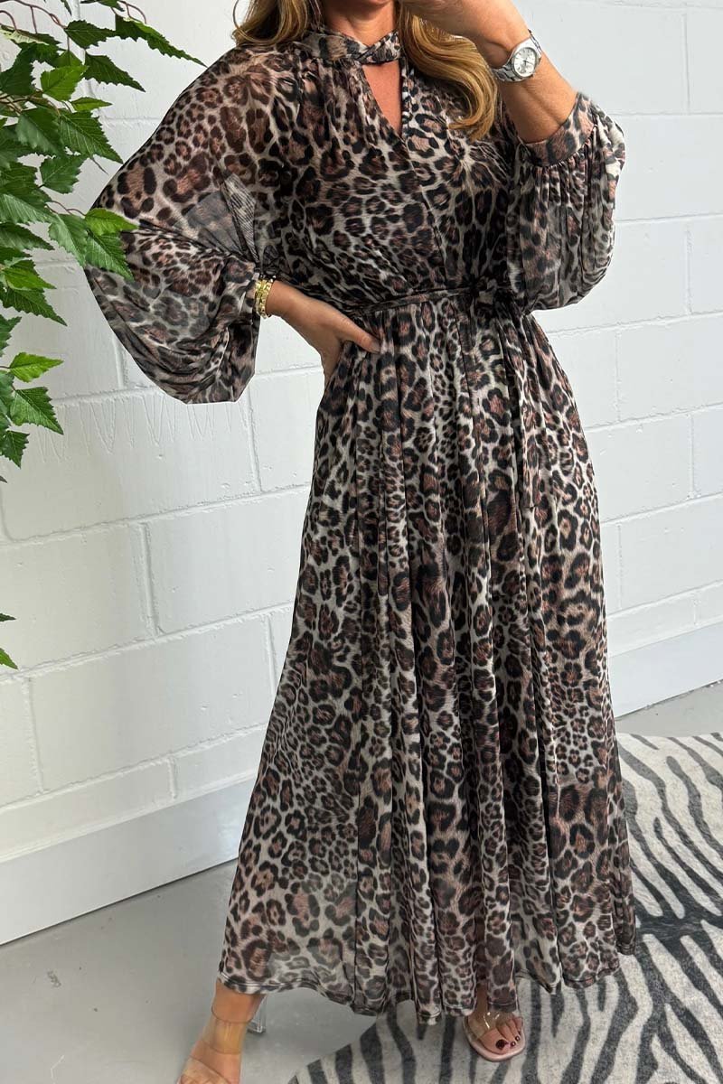 Women's Leopard Puff Sleeve Mesh Belted Maxi Dress Dress Maxi Dress