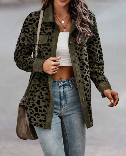 Women's Autumn and Winter Leopard Print Button Long Sleeve Jacket Jacket