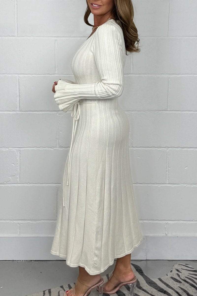 Women's Ribbed V-Neck Long Sleeve Tie Waist Knitted Maxi Dress Dress