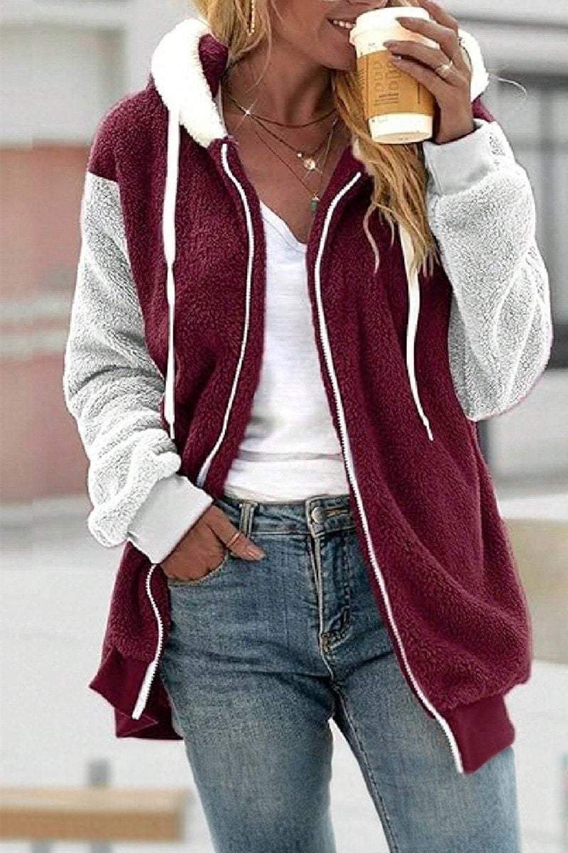 Women's Casual Plush Patchwork Contrast Color Hooded Jacket