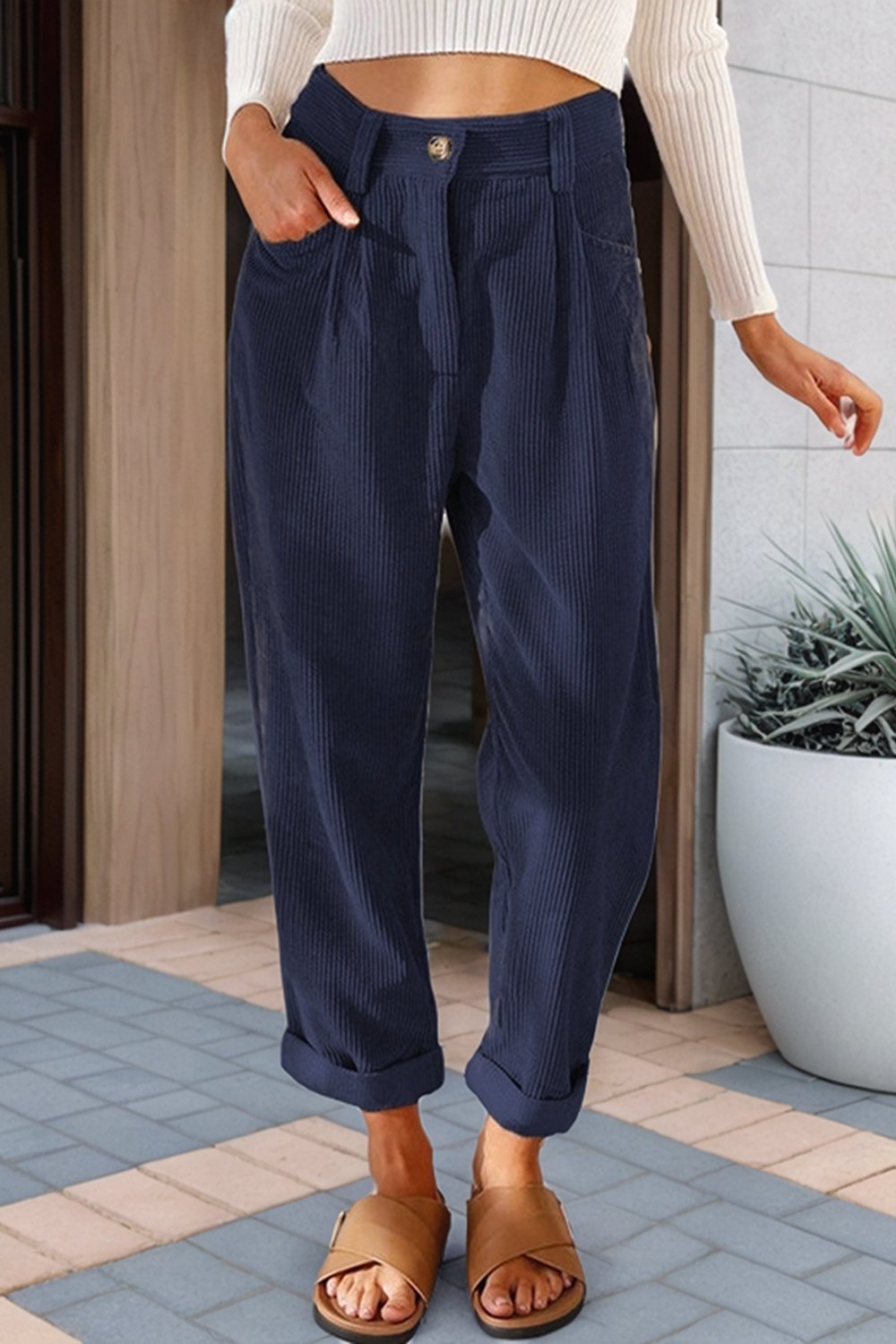 Women's High Waist Casual Pants Solid Color Corduroy Loose Straight Trousers Bottoms pants