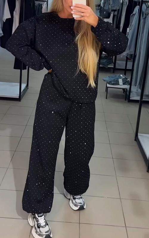 Women's Casual Round Neck Diamond Hooded Two Piece Suit Cotton Suit Two-piece