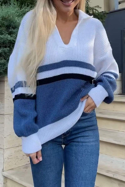 Women's Casual Colorblocked V-Neck Lapel Sweater Sweater Tops