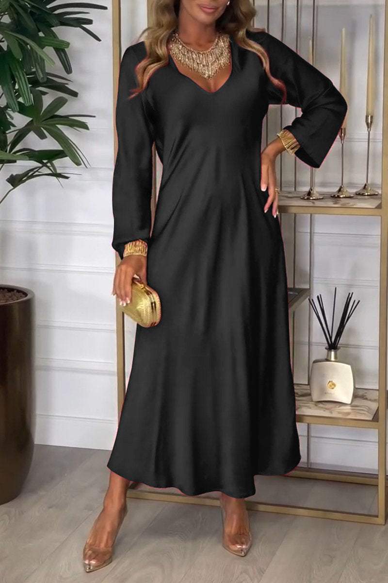 Women's V-neck Long-sleeved Satin Dress Dress Maxi Dress