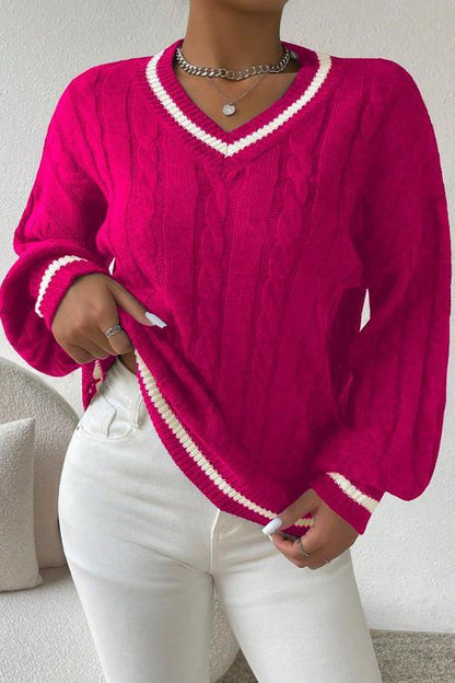 Women's Casual Contrast Textured V-Neck Sweater sweaters Top